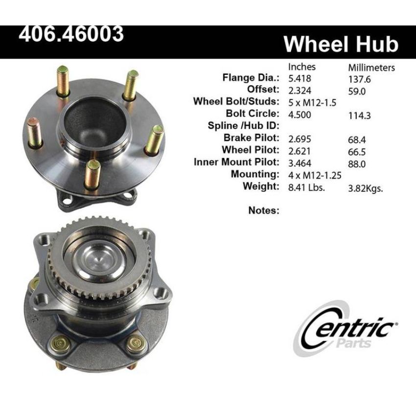 CENTRIC PARTS 406.46003 Centric Premium Hub and Bearing Assembly; With ABS Tone Ring