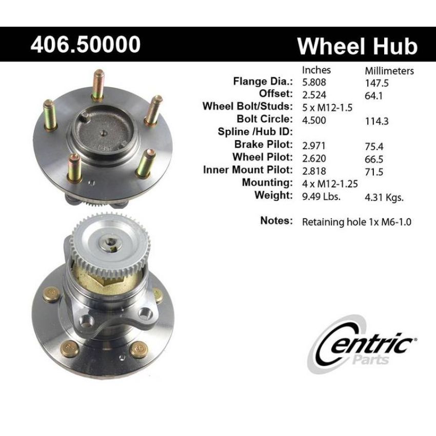 CENTRIC PARTS 406.50000 Centric Premium Hub and Bearing Assembly; With ABS Tone Ring