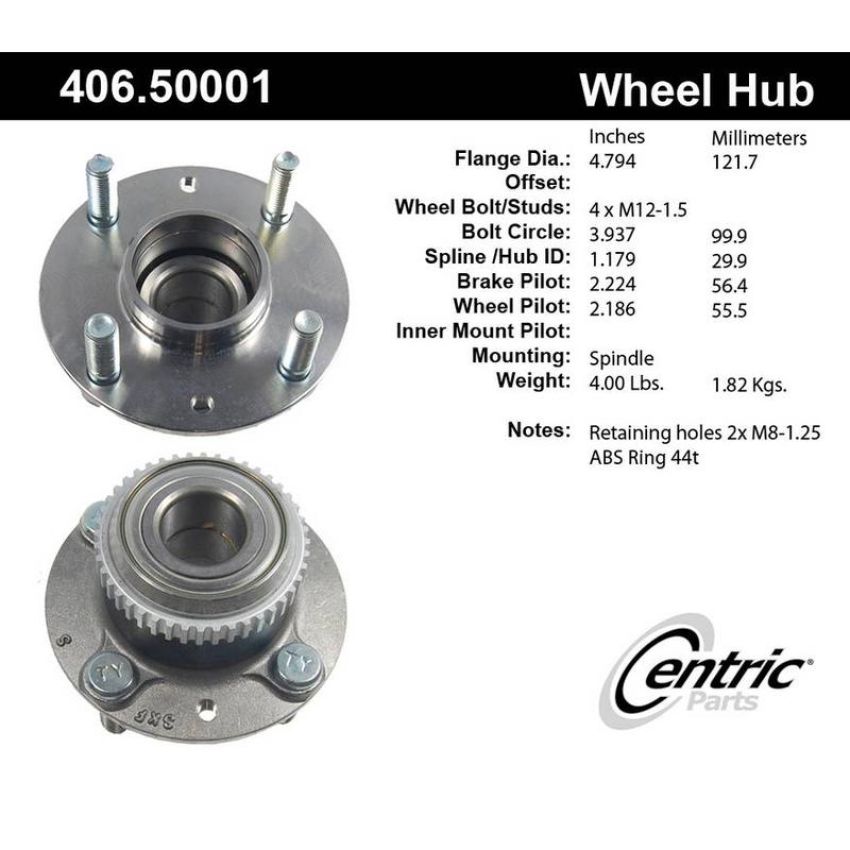 CENTRIC PARTS 406.50001 Centric Premium Hub and Bearing Assembly; With ABS Tone Ring