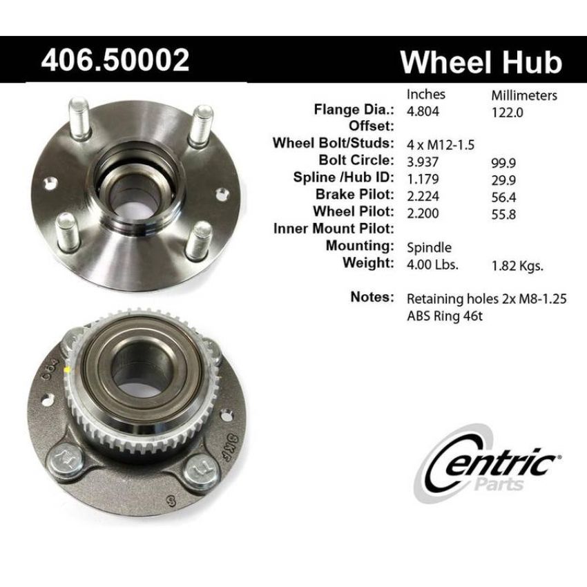 CENTRIC PARTS 406.50002 Centric Premium Hub and Bearing Assembly; With ABS Tone Ring