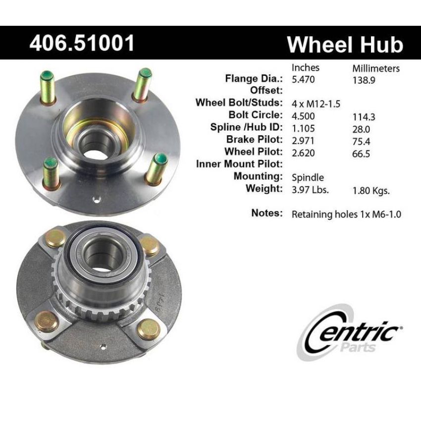 CENTRIC PARTS 406.51001 Centric Premium Hub and Bearing Assembly; With ABS Tone Ring