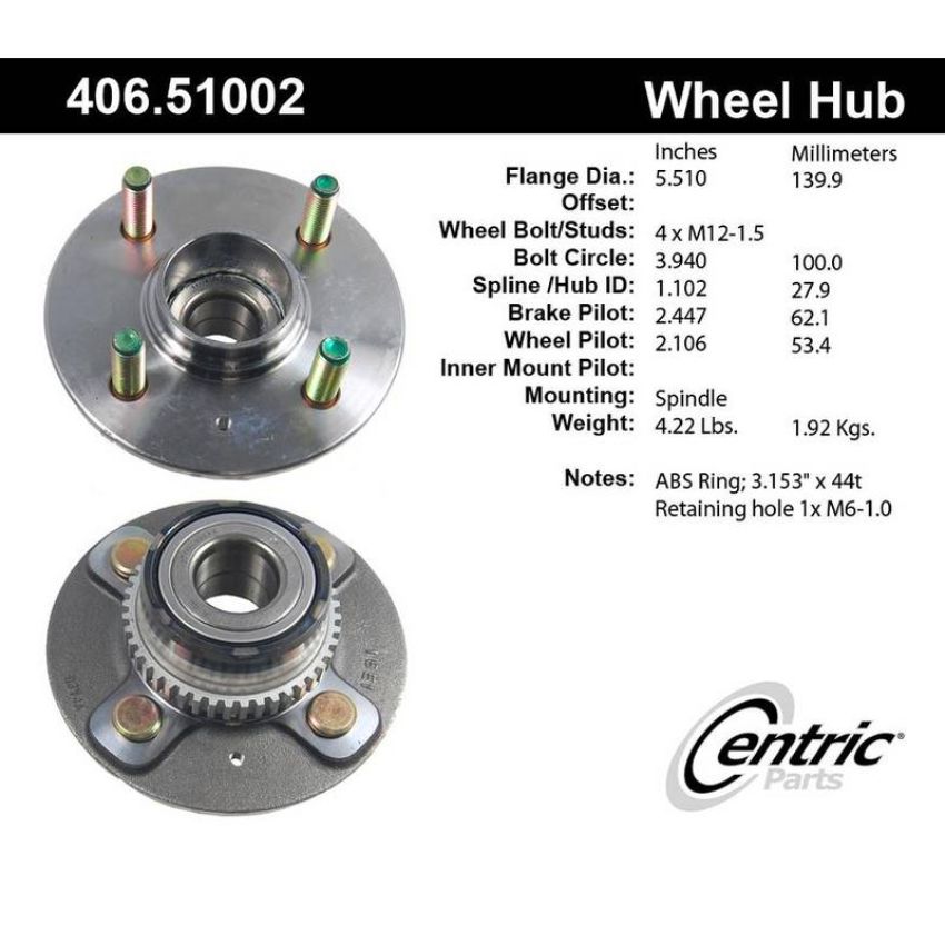 CENTRIC PARTS 406.51002 Centric Premium Hub and Bearing Assembly; With ABS Tone Ring