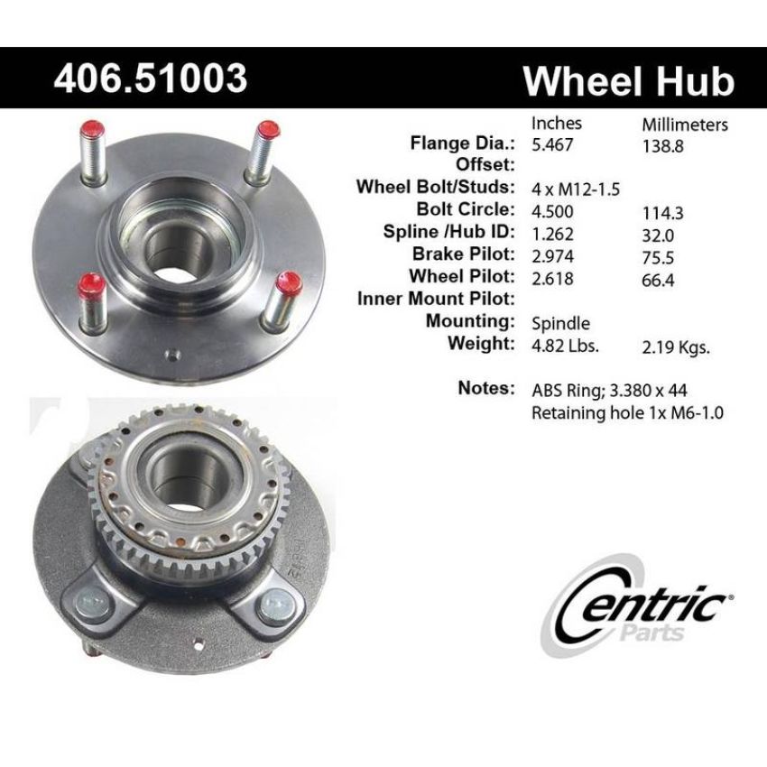 CENTRIC PARTS 406.51003 Centric Premium Hub and Bearing Assembly; With ABS Tone Ring