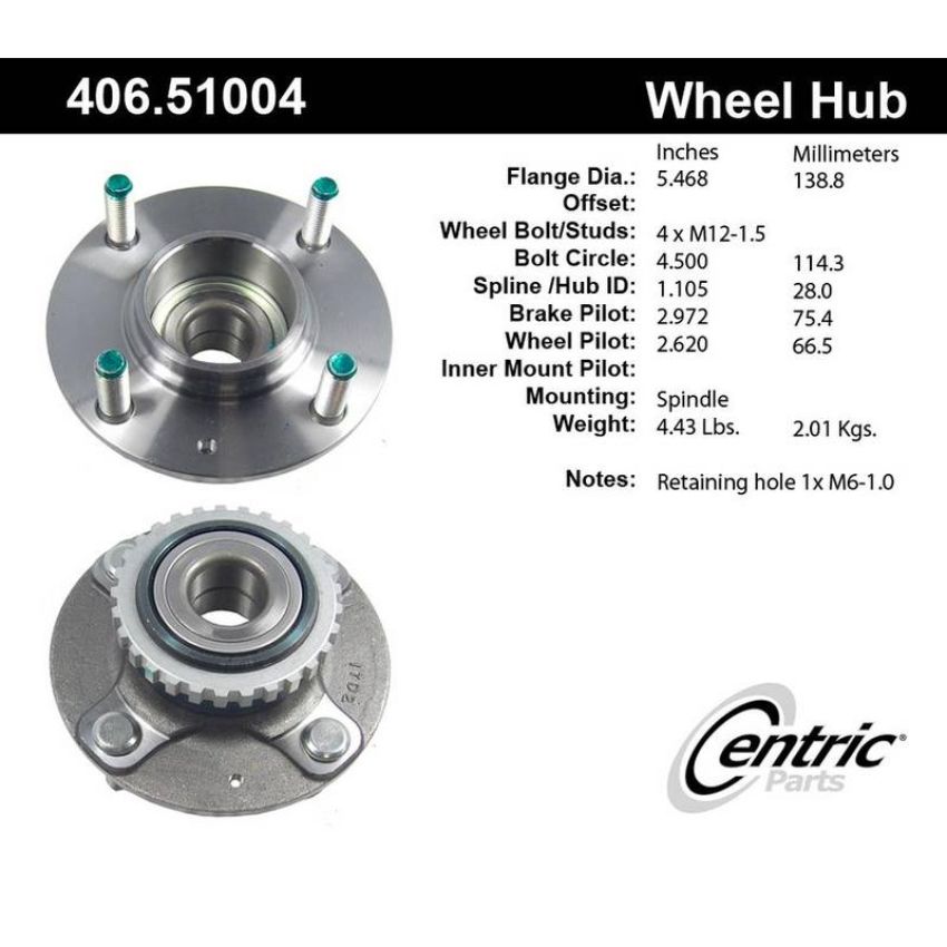 CENTRIC PARTS 406.51004 Centric Premium Hub and Bearing Assembly; With ABS Tone Ring