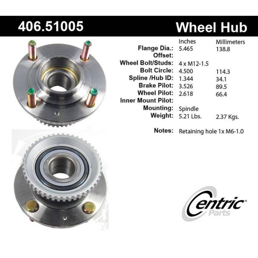 CENTRIC PARTS 406.51005 Centric Premium Hub and Bearing Assembly; With ABS Tone Ring