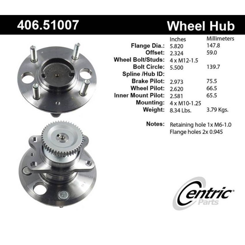 CENTRIC PARTS 406.51007 Centric Premium Hub and Bearing Assembly; With ABS Tone Ring