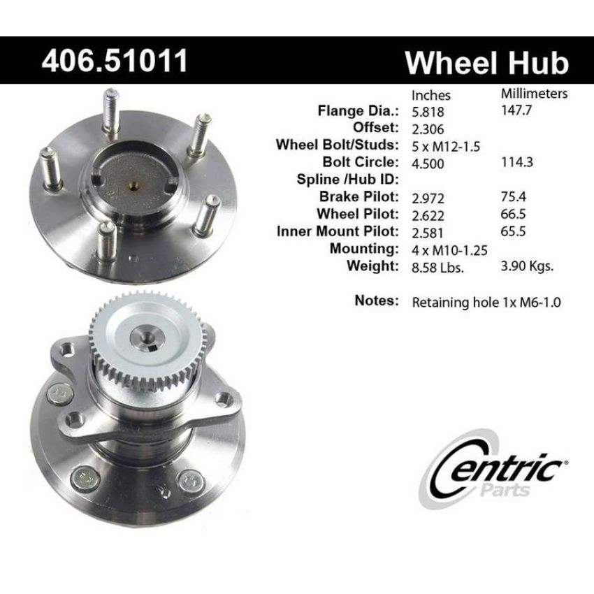 CENTRIC PARTS 406.51011 Centric Premium Hub and Bearing Assembly; With ABS Tone Ring