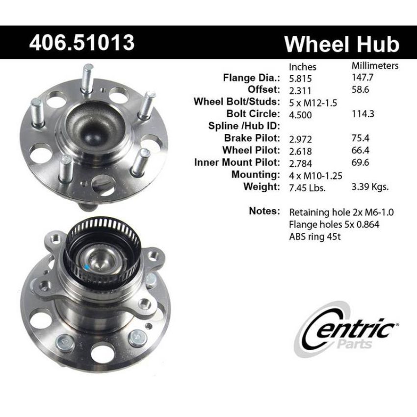 CENTRIC PARTS 406.51013 Centric Premium Hub and Bearing Assembly; With ABS Tone Ring