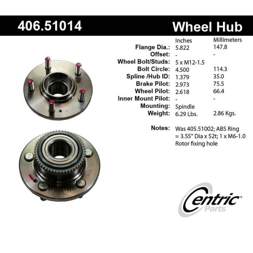 CENTRIC PARTS 406.51014 Centric Premium Hub and Bearing Assembly; With ABS Tone Ring