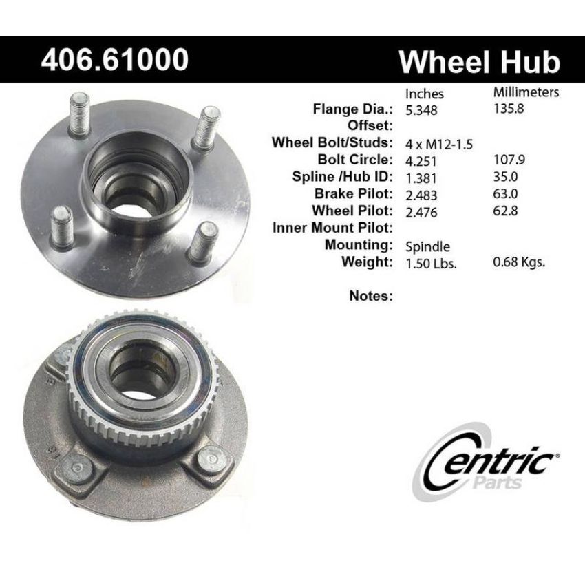 CENTRIC PARTS 406.61000 Centric Premium Hub and Bearing Assembly; With ABS Tone Ring