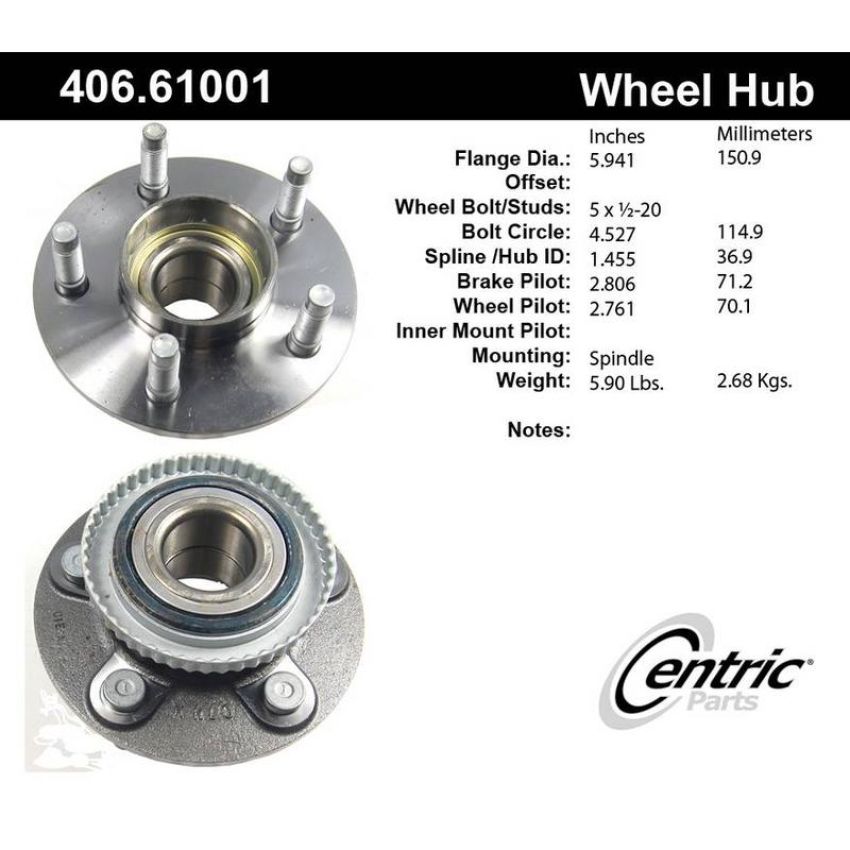 CENTRIC PARTS 406.61001 Centric Premium Hub and Bearing Assembly; With ABS Tone Ring