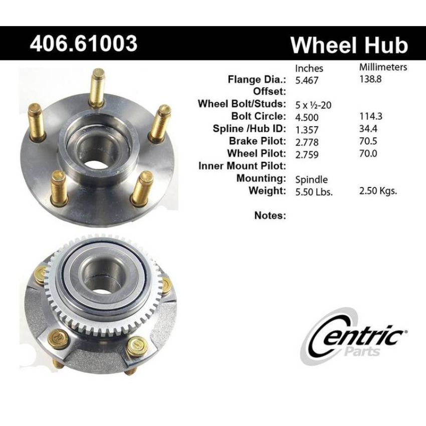 CENTRIC PARTS 406.61003 Centric Premium Hub and Bearing Assembly; With ABS Tone Ring
