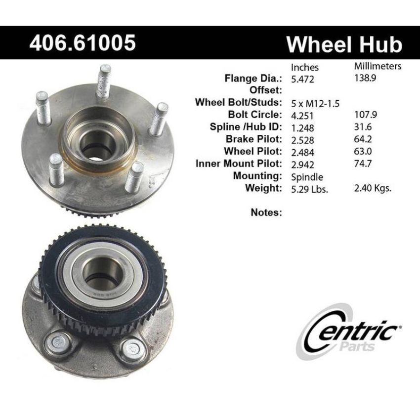 CENTRIC PARTS 406.61005 Centric Premium Hub and Bearing Assembly; With ABS Tone Ring