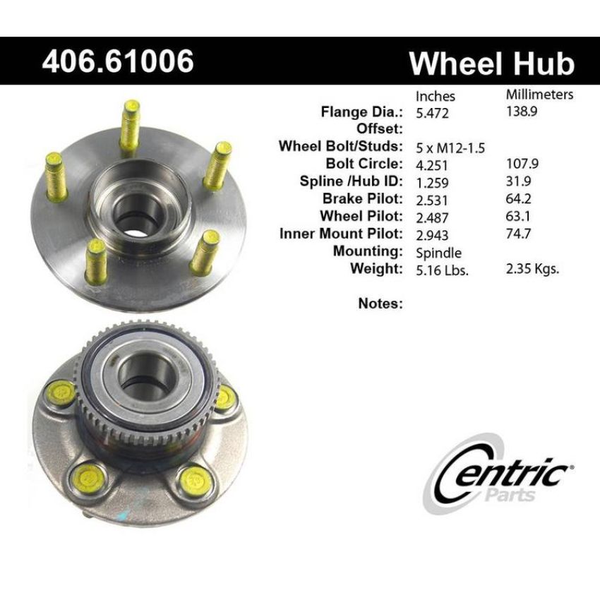 CENTRIC PARTS 406.61006 Centric Premium Hub and Bearing Assembly; With ABS Tone Ring