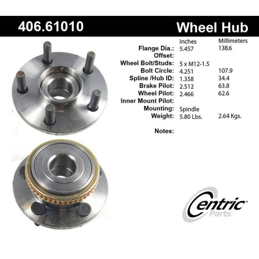 CENTRIC PARTS 406.61010 Centric Premium Hub and Bearing Assembly; With ABS Tone Ring