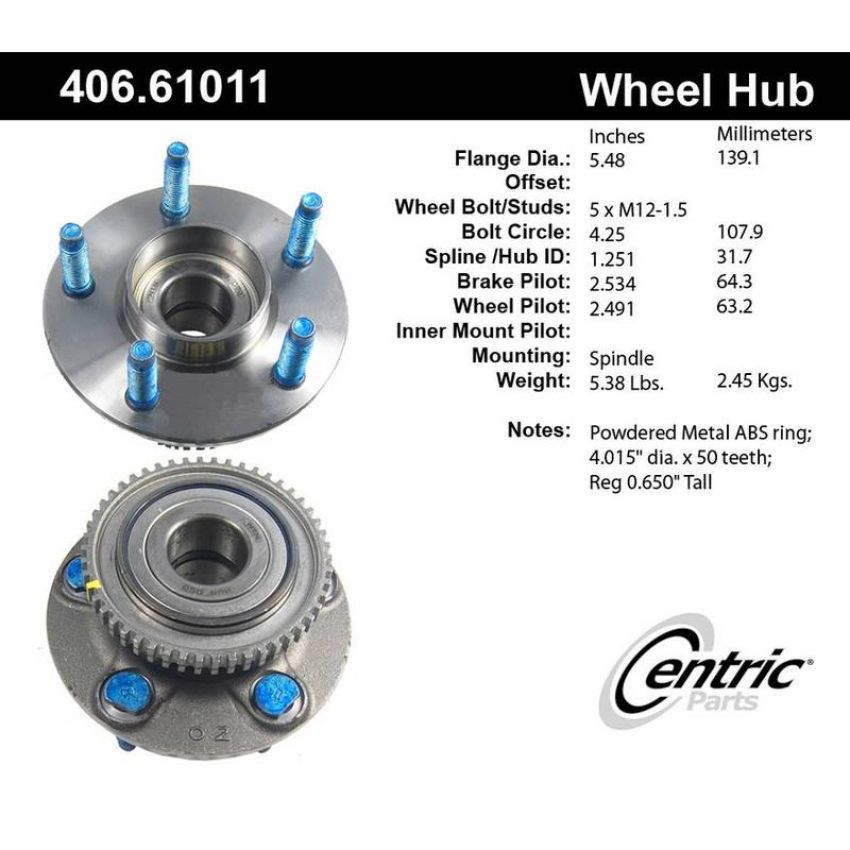 CENTRIC PARTS 406.61011 Centric Premium Hub and Bearing Assembly; With ABS Tone Ring