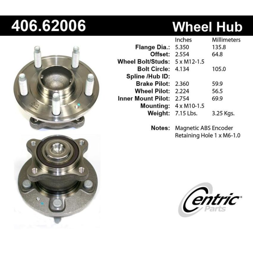 CENTRIC PARTS 406.62006 Centric Premium Hub and Bearing Assembly; With ABS