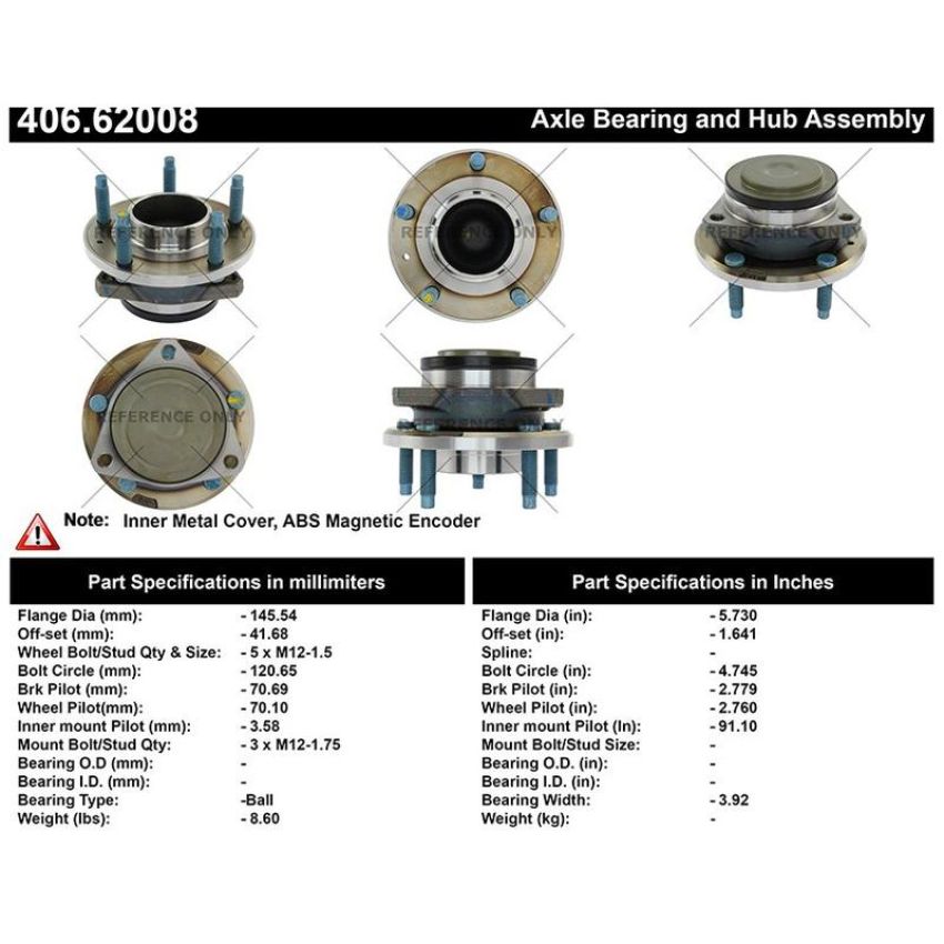 CENTRIC PARTS 406.62008 Centric Premium Hub and Bearing Assembly; With ABS