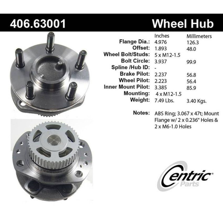CENTRIC PARTS 406.63001 Centric Premium Hub and Bearing Assembly; With ABS Tone Ring