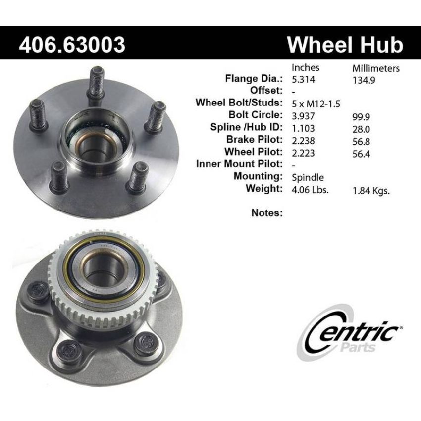 CENTRIC PARTS 406.63003 Centric Premium Hub and Bearing Assembly; With ABS Tone Ring