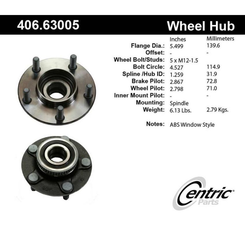 CENTRIC PARTS 406.63005 Centric Premium Hub and Bearing Assembly; With ABS