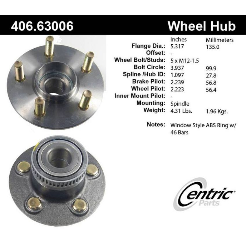 CENTRIC PARTS 406.63006 Centric Premium Hub and Bearing Assembly; With ABS Tone Ring