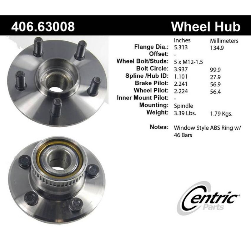 CENTRIC PARTS 406.63008 Centric Premium Hub and Bearing Assembly; With ABS Tone Ring