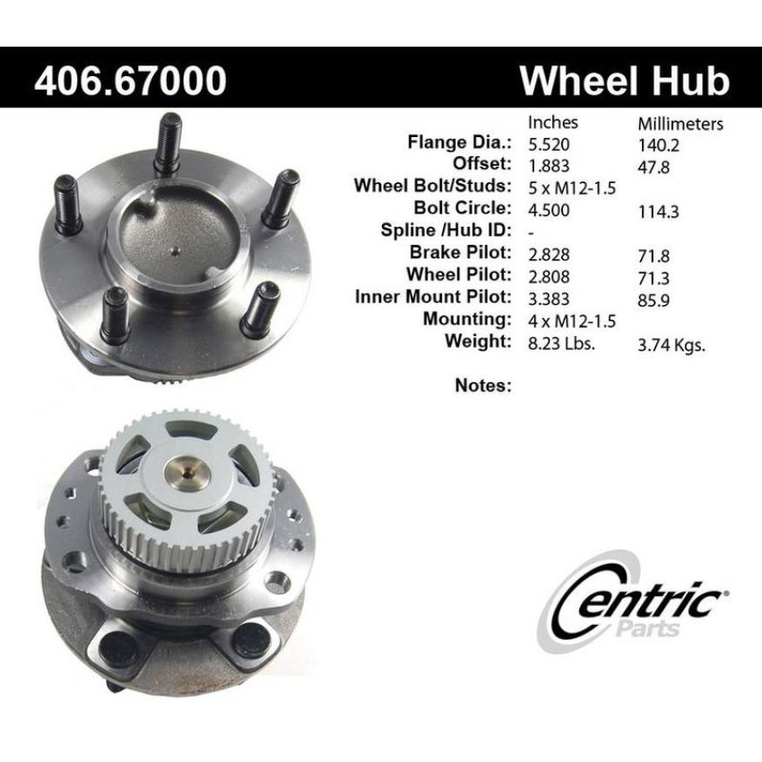 CENTRIC PARTS 406.67000 Centric Premium Hub and Bearing Assembly; With ABS Tone Ring