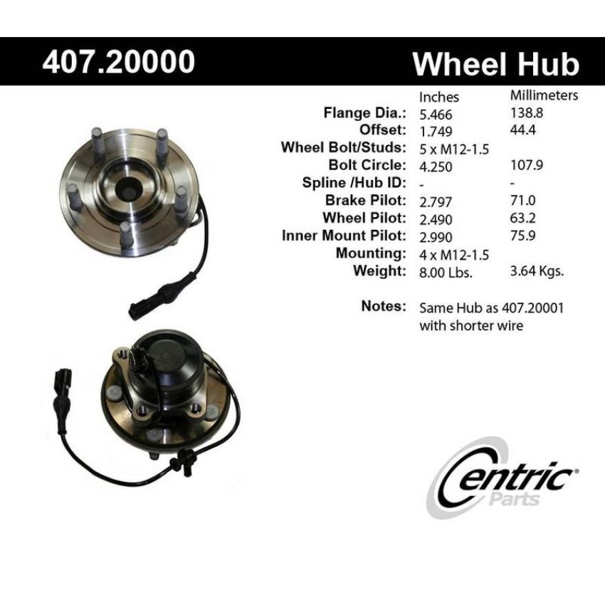 CENTRIC PARTS 407.20000 Centric Premium Hub and Bearing Assembly; With Integral ABS