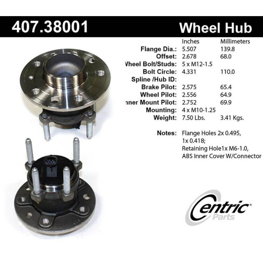 CENTRIC PARTS 407.38001 Centric Premium Hub and Bearing Assembly; With Integral ABS