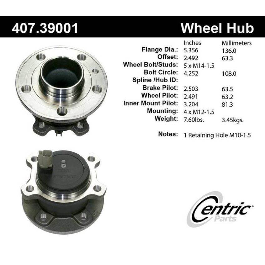 CENTRIC PARTS 407.39001 Centric Premium Hub and Bearing Assembly; With Integral ABS