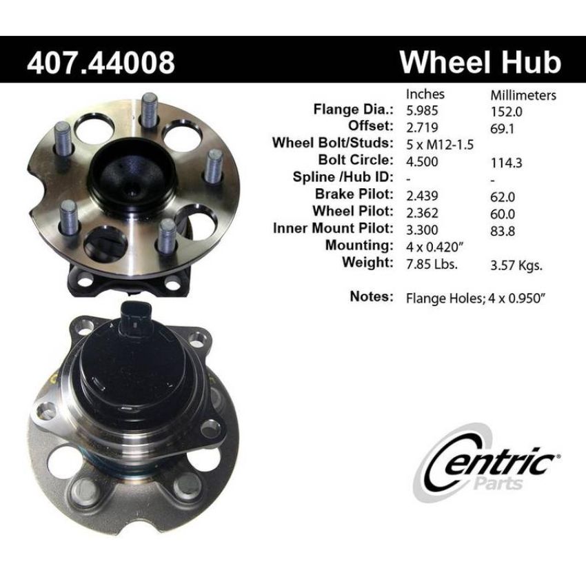CENTRIC PARTS 407.44008 Centric Premium Hub and Bearing Assembly; With Integral ABS