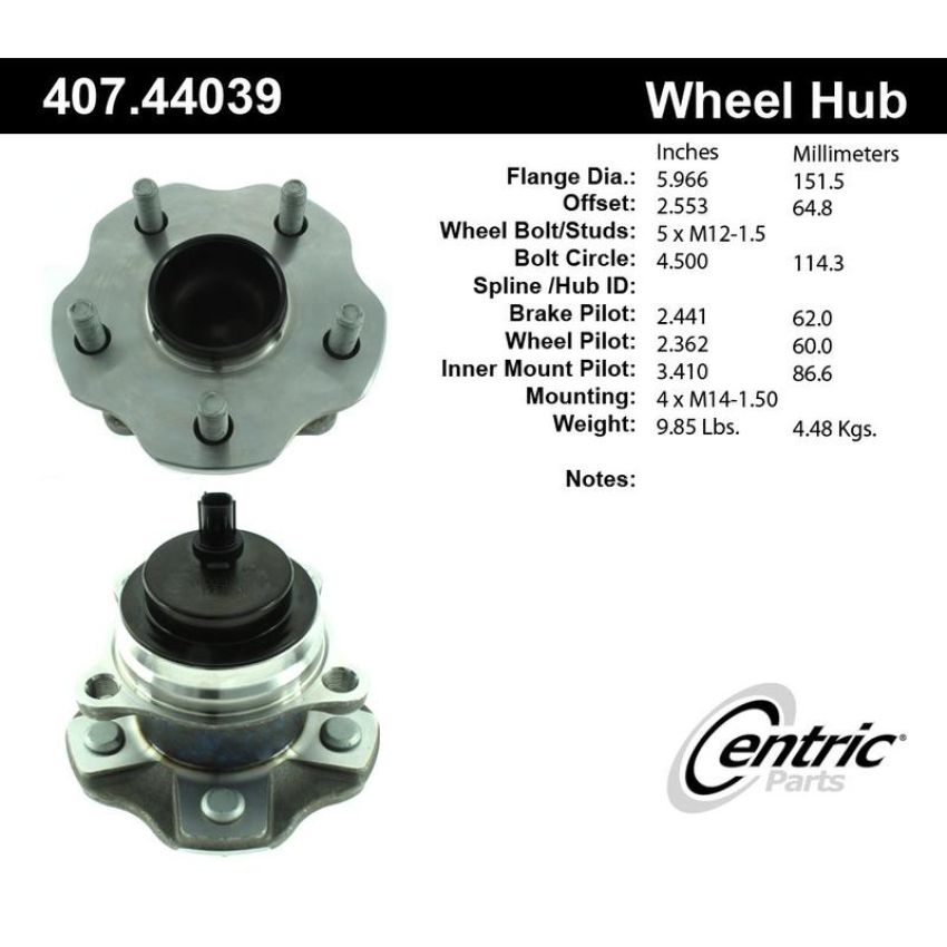 CENTRIC PARTS 407.44039 Centric Premium Hub and Bearing Assembly; With Integral ABS