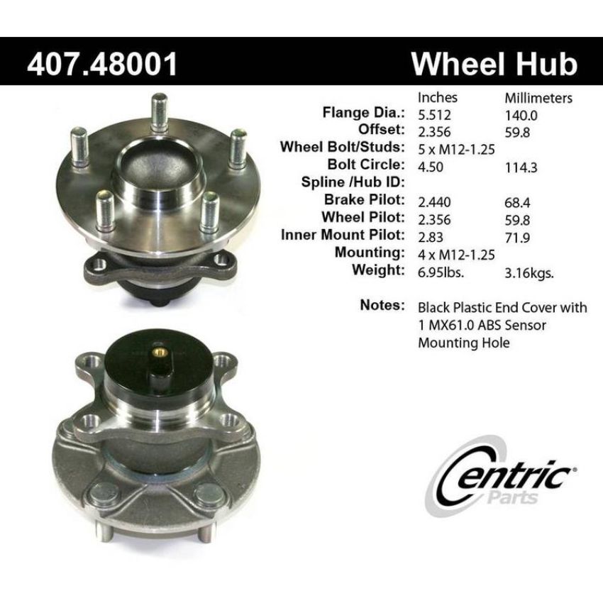 CENTRIC PARTS 407.48001 Centric Premium Hub and Bearing Assembly; With Integral ABS