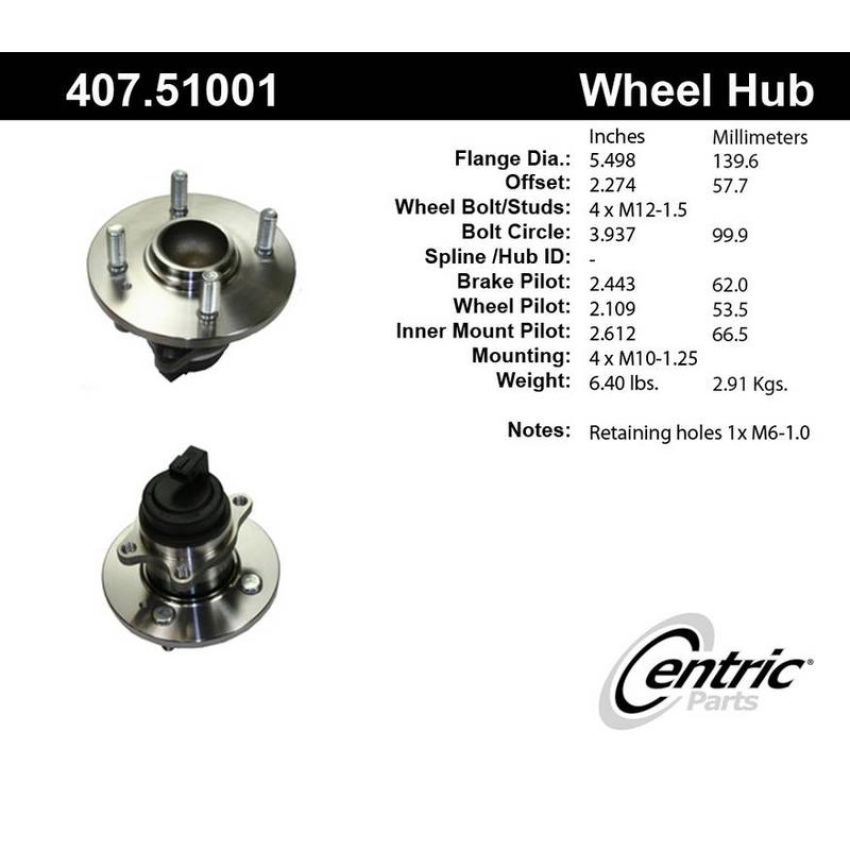 CENTRIC PARTS 407.51001 Centric Premium Hub and Bearing Assembly; With Integral ABS