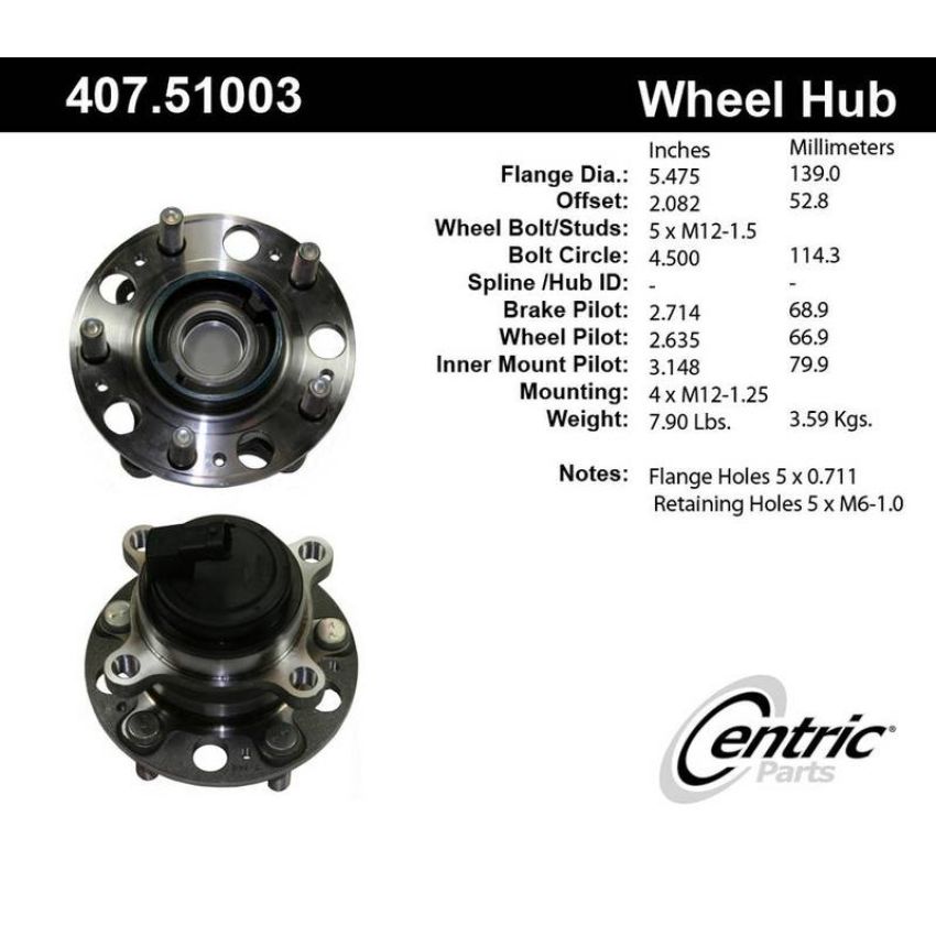 CENTRIC PARTS 407.51003 Centric Premium Hub and Bearing Assembly; With Integral ABS