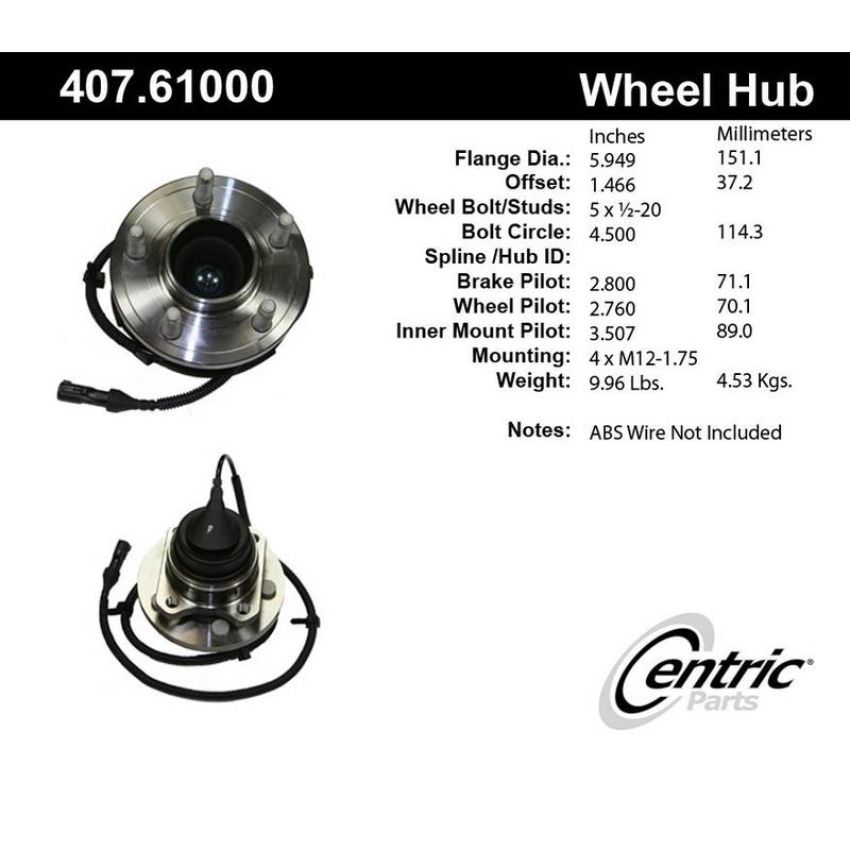 CENTRIC PARTS 407.61000 Centric Premium Hub and Bearing Assembly; With Integral ABS