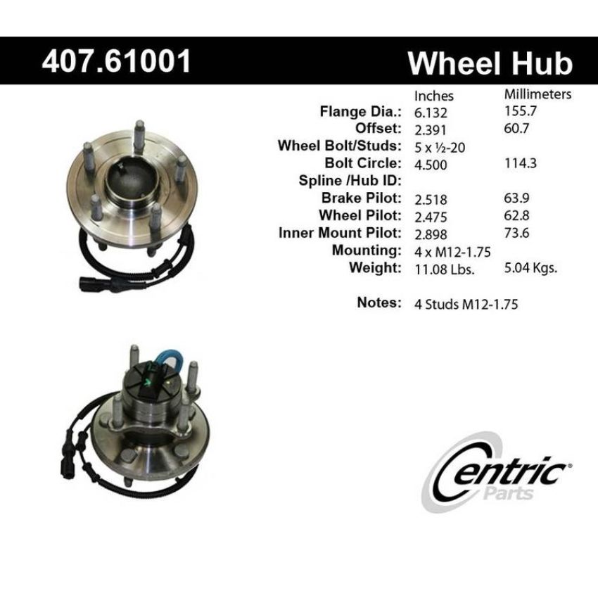 CENTRIC PARTS 407.61001 Centric Premium Hub and Bearing Assembly; With Integral ABS