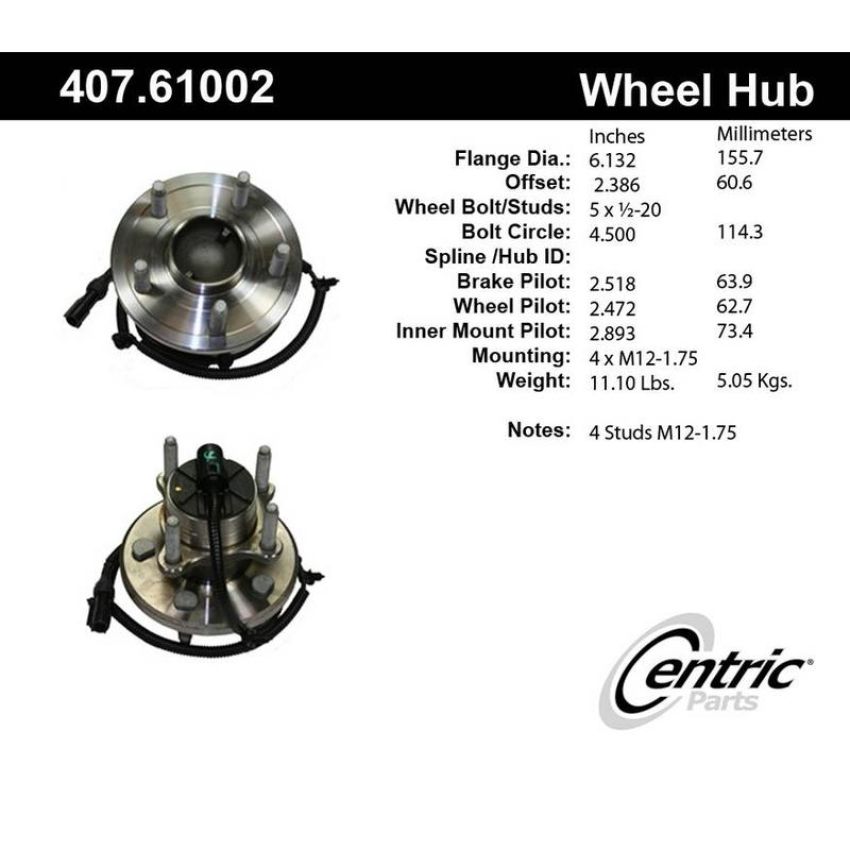 CENTRIC PARTS 407.61002 Centric Premium Hub and Bearing Assembly; With Integral ABS