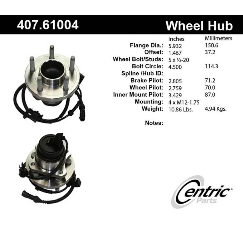 CENTRIC PARTS 407.61004 Centric Premium Hub and Bearing Assembly; With Integral ABS