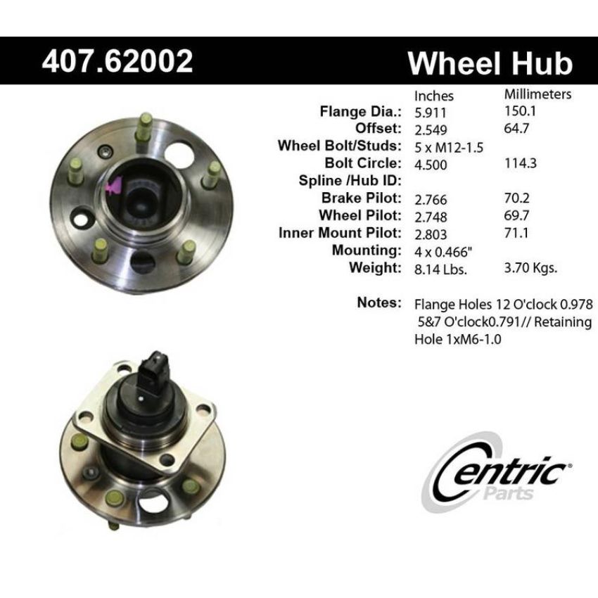 CENTRIC PARTS 407.62002 Centric Premium Hub and Bearing Assembly; With Integral ABS