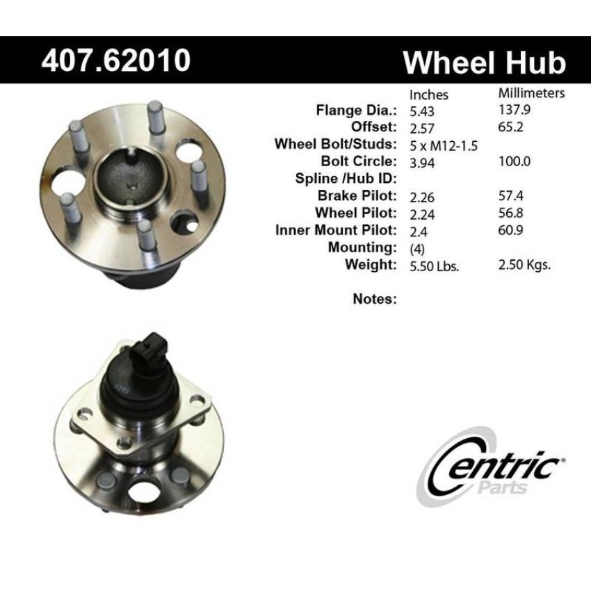 CENTRIC PARTS 407.62010 Centric Premium Hub and Bearing Assembly; With Integral ABS