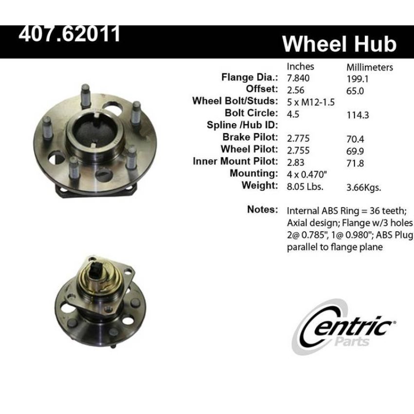 CENTRIC PARTS 407.62011 Centric Premium Hub and Bearing Assembly; With Integral ABS