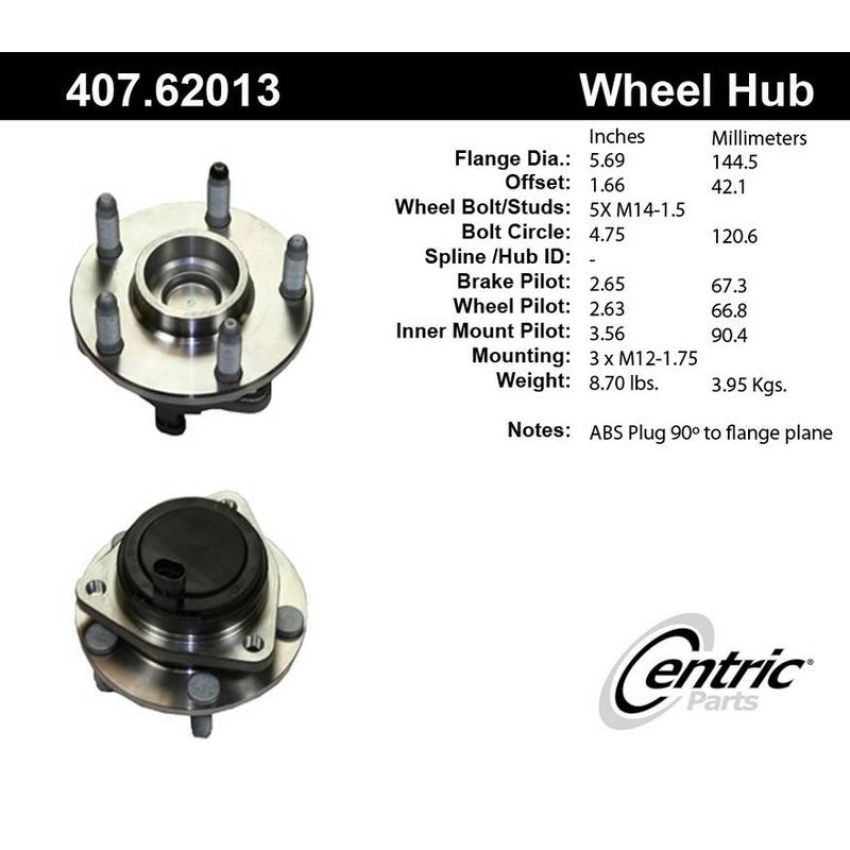 CENTRIC PARTS 407.62013 Centric Premium Hub and Bearing Assembly; With Integral ABS