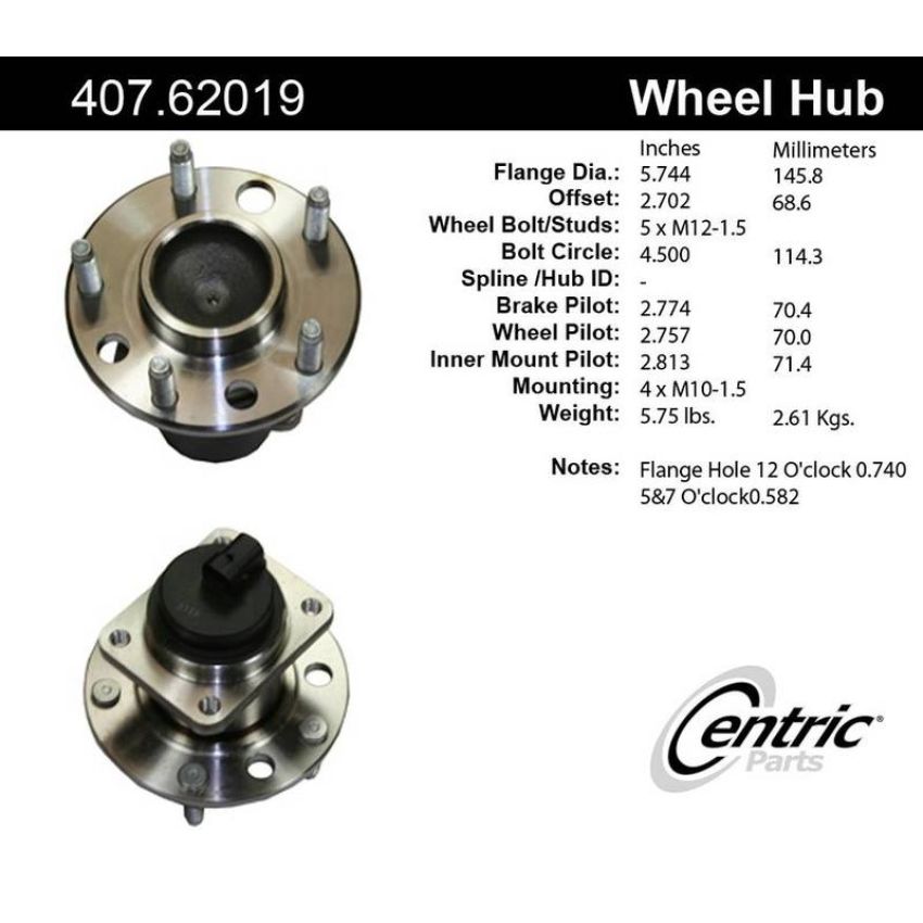 CENTRIC PARTS 407.62019 Centric Premium Hub and Bearing Assembly; With Integral ABS