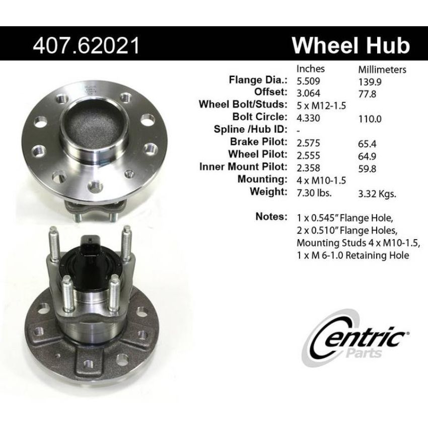 CENTRIC PARTS 407.62021 Centric Premium Hub and Bearing Assembly; With Integral ABS