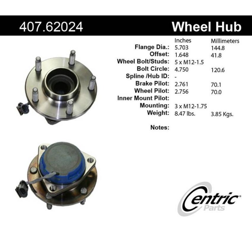 CENTRIC PARTS 407.62024 Centric Premium Hub and Bearing Assembly; With Integral ABS