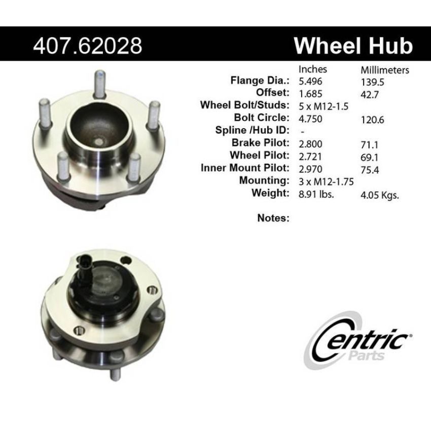 CENTRIC PARTS 407.62028 Centric Premium Hub and Bearing Assembly; With Integral ABS