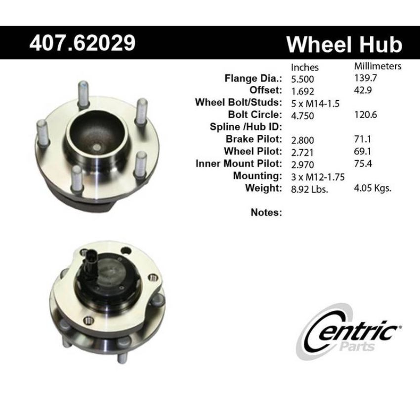 CENTRIC PARTS 407.62029 Centric Premium Hub and Bearing Assembly; With Integral ABS