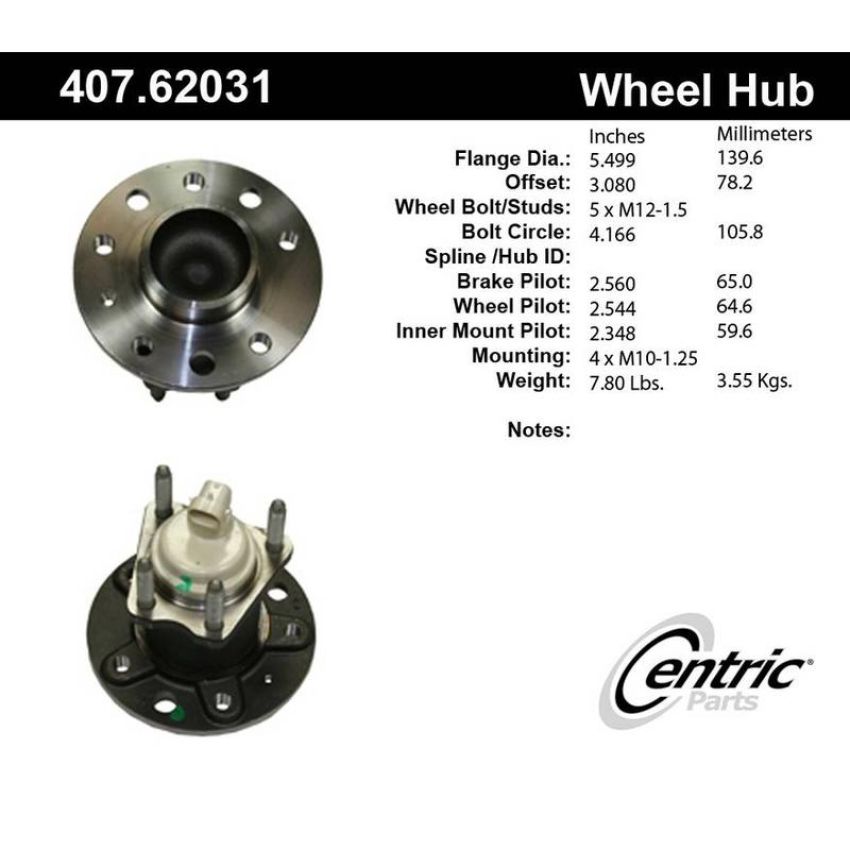 CENTRIC PARTS 407.62031 Centric Premium Hub and Bearing Assembly; With Integral ABS